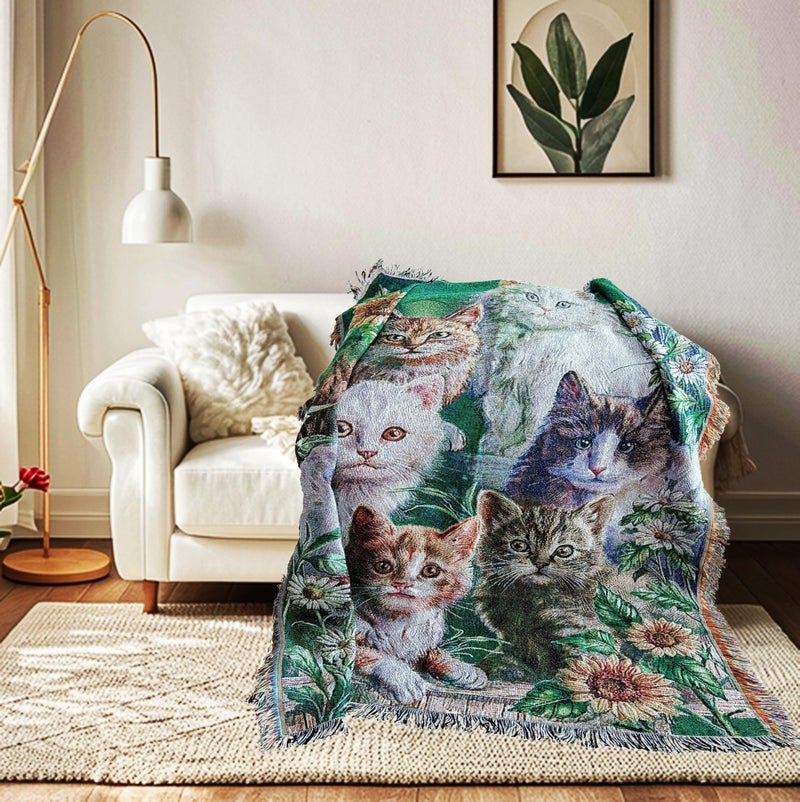 EZ.enjoy Garden Cat Flower Woven Tapestry Throw Blanket Wall Hanging Art Handicrafts Jacquard Multipurpose Soft Travel Mat Outdoor with Fringe Tassels 50 X 60 Inches - Image 4
